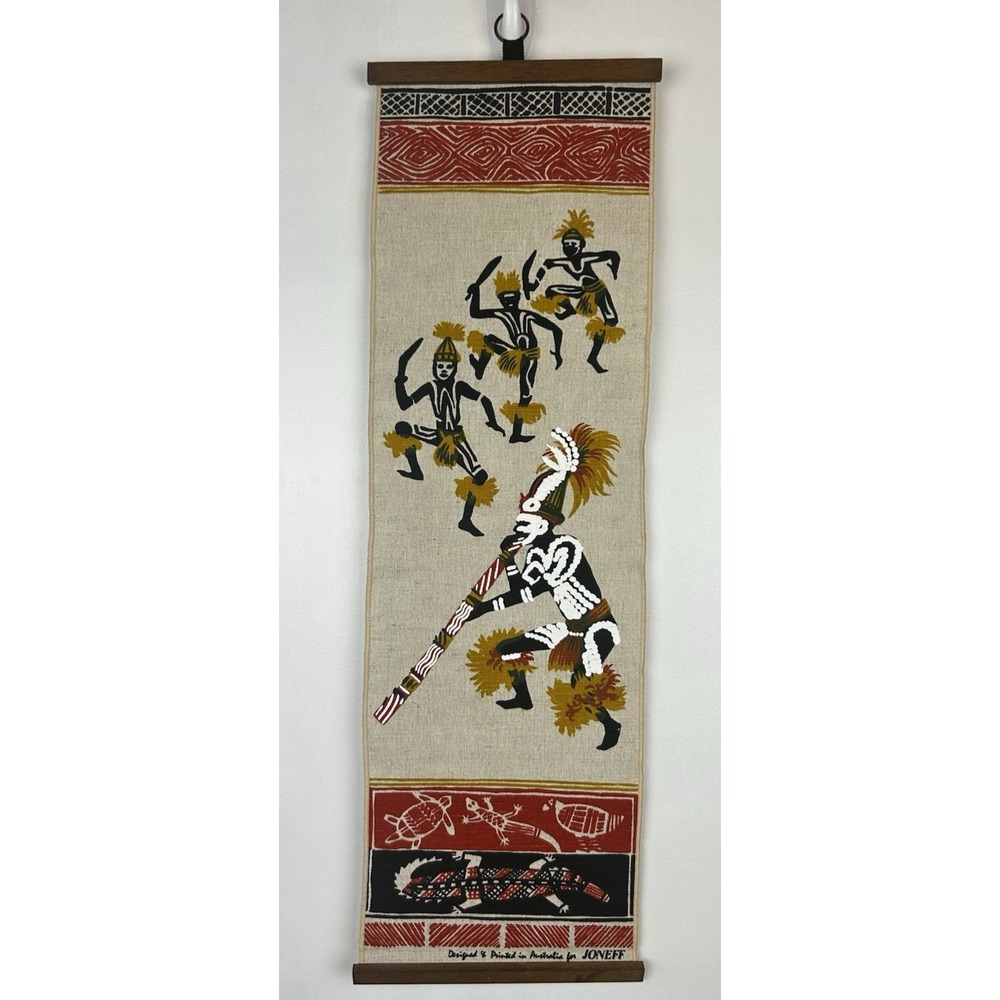 Vintage Joneff Australia Tapestry Wall Hanging Aboriginal Dancing 29 x 9 Scroll